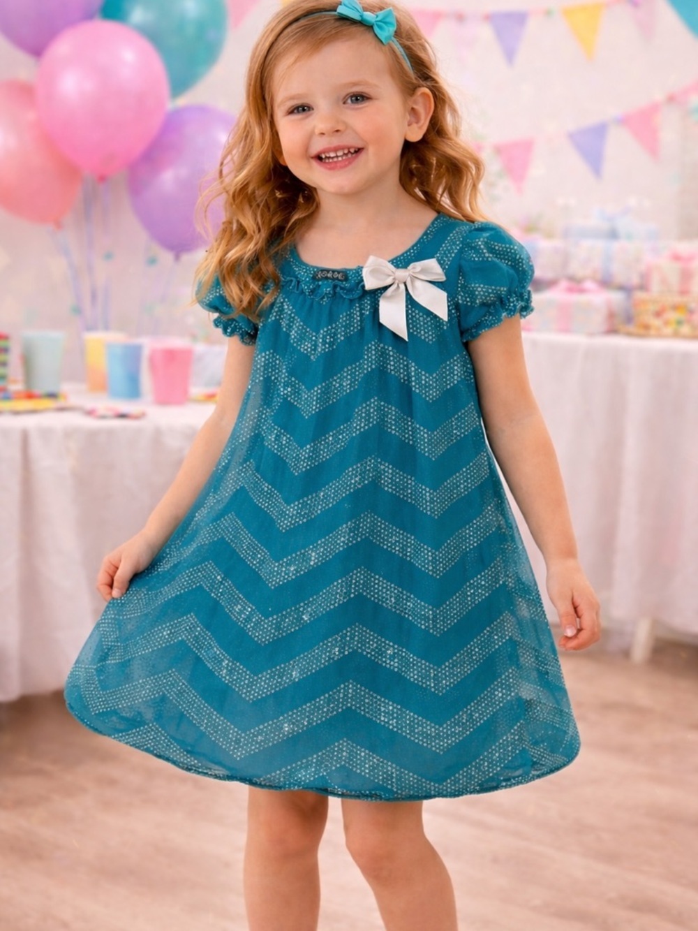 George Girls Teal Glitter Chevron Dress | Sparkly Party Dress | Size 7/8